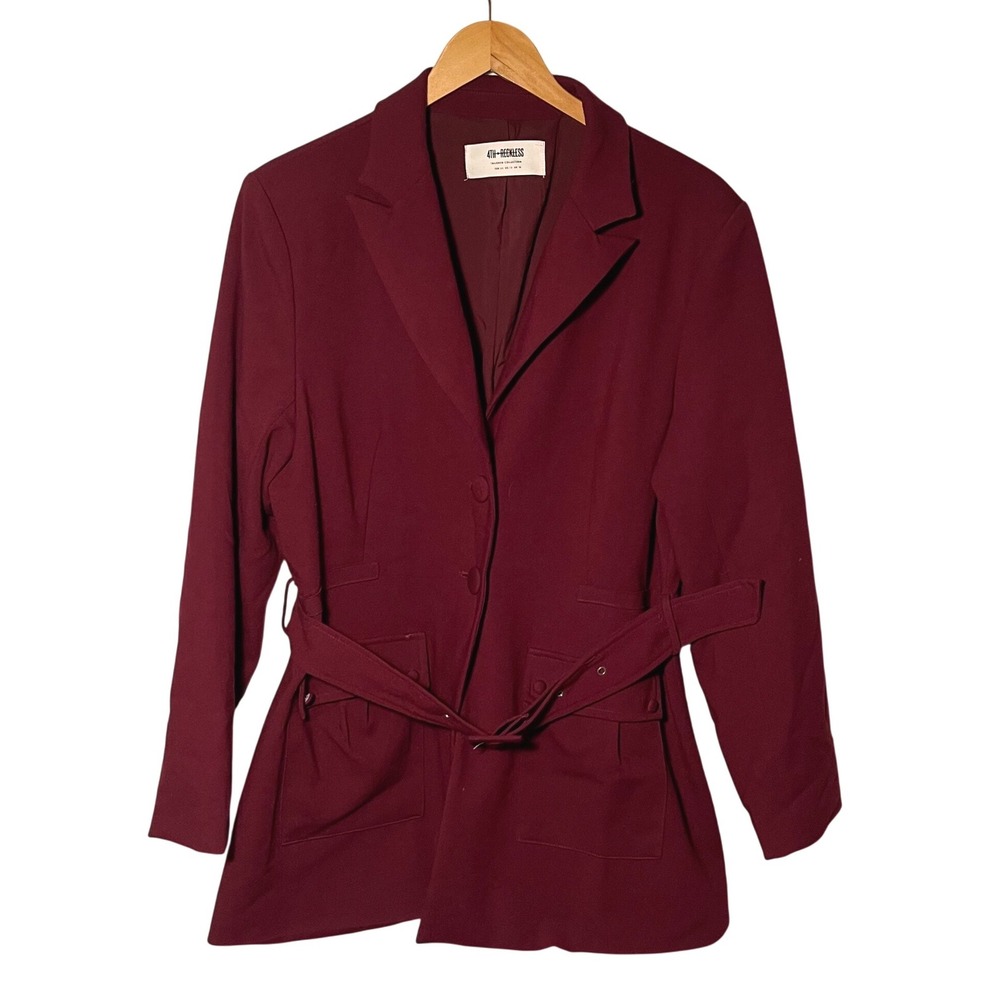 4TH + RECKLESS Tailored Collection Burgundy Blazer Belted Jacket Size US‎ 12